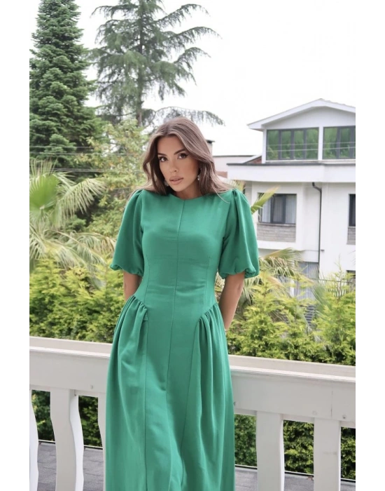 Yeşil Arkadan Bağlamalı Büzgülü Keten Elbise