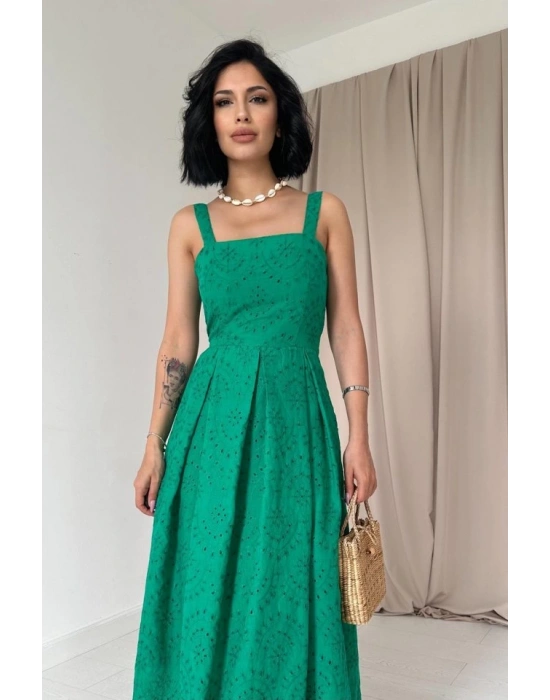 Yeşil Askılı Aparatlı Brode Elbise