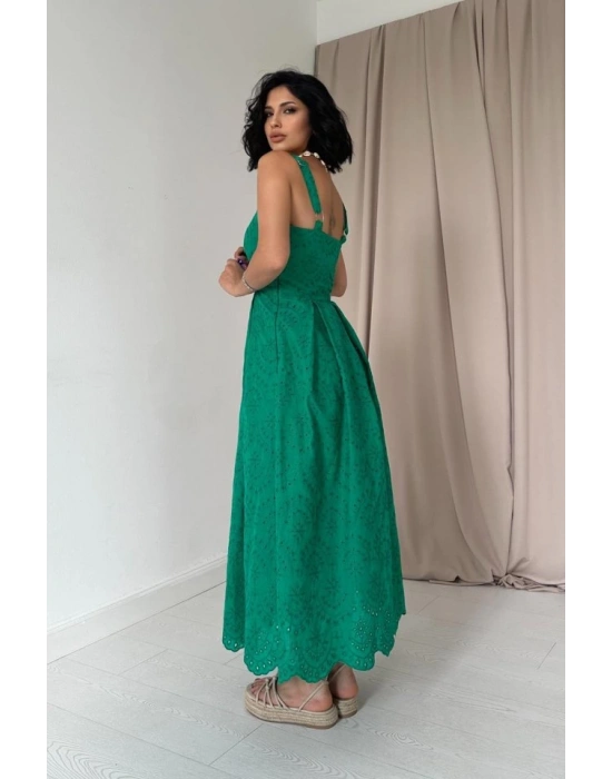 Yeşil Askılı Aparatlı Brode Elbise