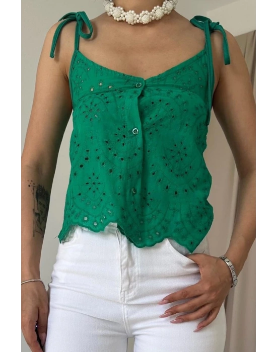 Yeşil Bağcıklı Brode Bluz