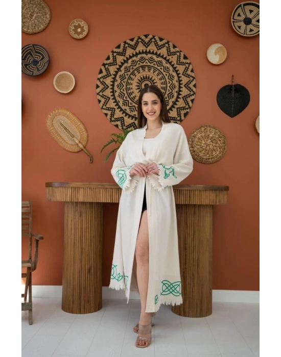 Yeşil Baskı Detay Keten Hırka