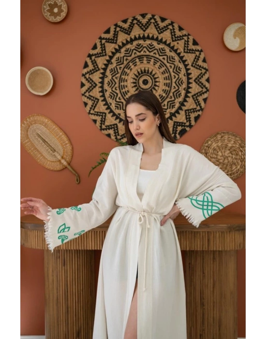 Yeşil Baskı Detay Keten Hırka