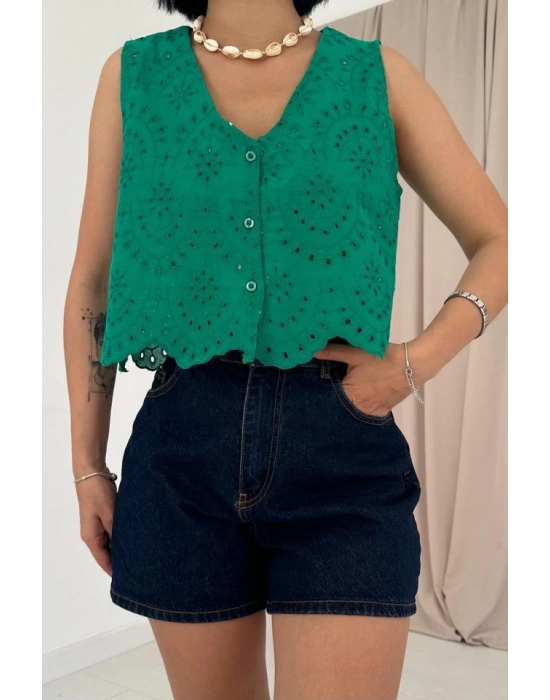 Yeşil ıfır Kol Brode Bluz