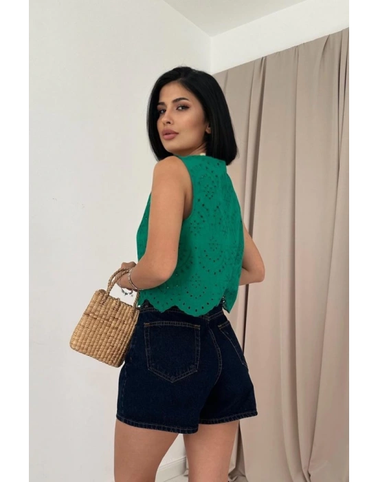 Yeşil ıfır Kol Brode Bluz