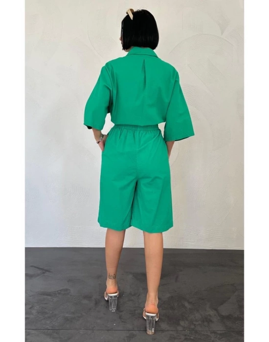 Yeşil Kısa Kollu Keten Gömlek Ve Şort Takım