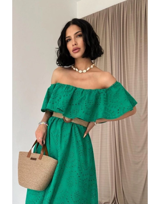 Yeşil Omzu Lastikli Brode Elbise