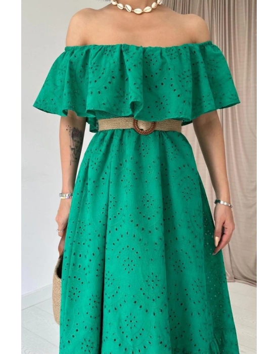 Yeşil Omzu Lastikli Brode Elbise