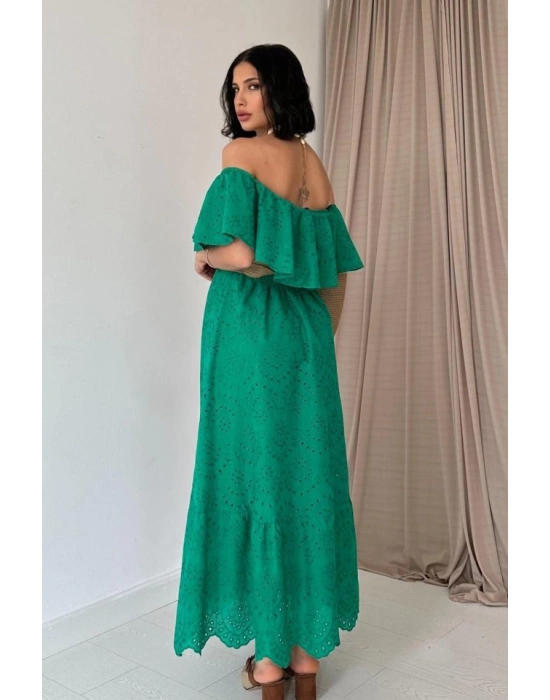 Yeşil Omzu Lastikli Brode Elbise