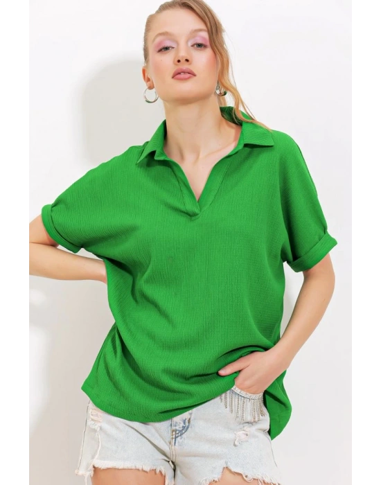 Yeşil Oversize Polo Yaka Örme Bluz 0486
