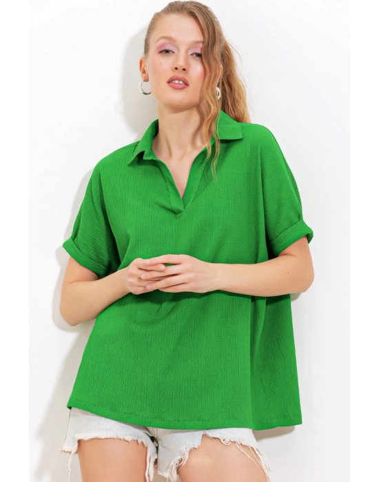 Yeşil Oversize Polo Yaka Örme Bluz 0486