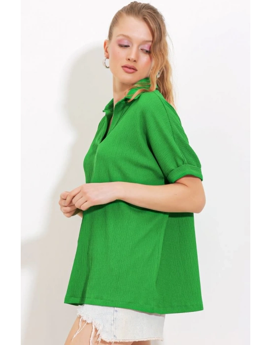 Yeşil Oversize Polo Yaka Örme Bluz 0486