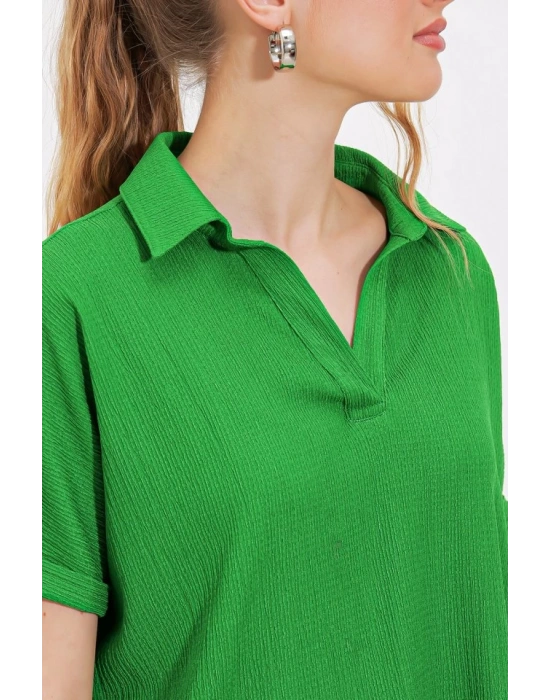 Yeşil Oversize Polo Yaka Örme Bluz 0486