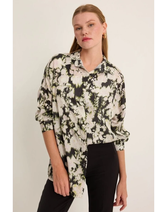 Yeşil Siyah Çiçek Desenli Oversize Saten Gömlek 3985