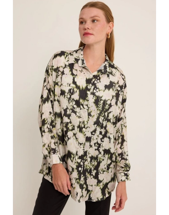Yeşil Siyah Çiçek Desenli Oversize Saten Gömlek 3985