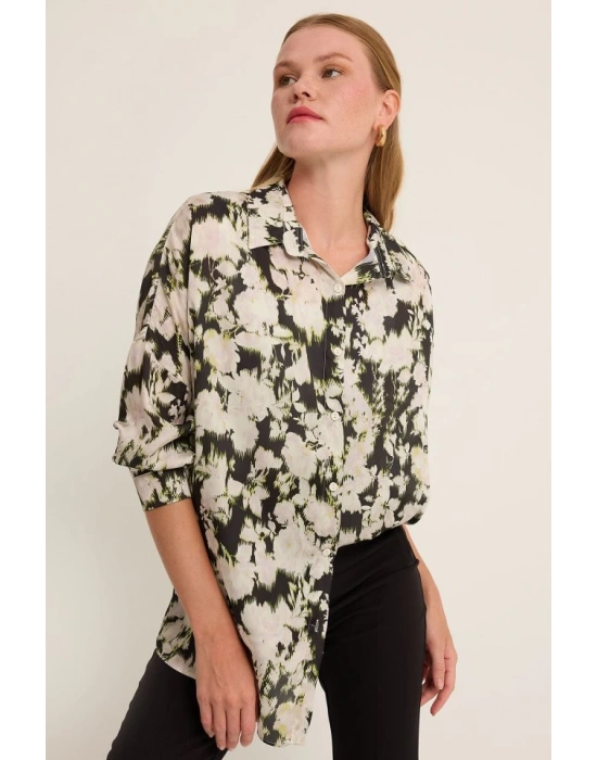 Yeşil Siyah Çiçek Desenli Oversize Saten Gömlek 3985