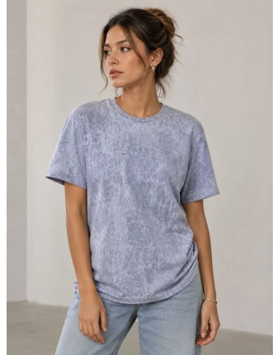 Yıkamalı Washed Effect Tişört Bisiklet Yaka okak til Kısa Kol Thirt  Gri