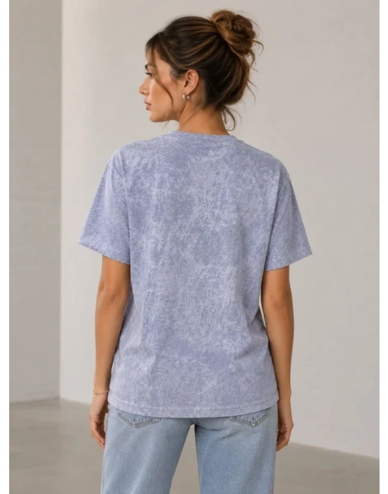 Yıkamalı Washed Effect Tişört Bisiklet Yaka okak til Kısa Kol Thirt  Gri
