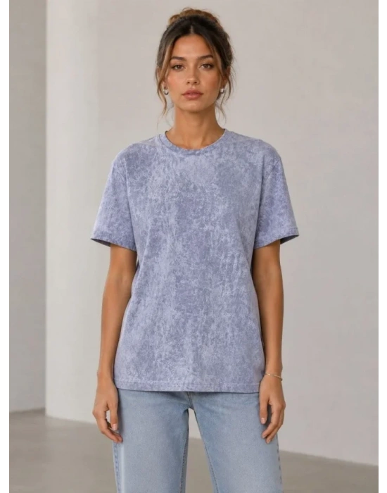 Yıkamalı Washed Effect Tişört Bisiklet Yaka okak til Kısa Kol Thirt  Gri