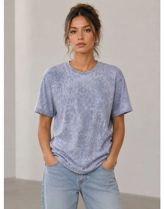 Yıkamalı Washed Effect Tişört Bisiklet Yaka okak til Kısa Kol Thirt  Gri