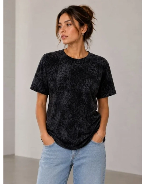 Yıkamalı Washed Effect Tişört Bisiklet Yaka okak til Kısa Kol Thirt  iyah