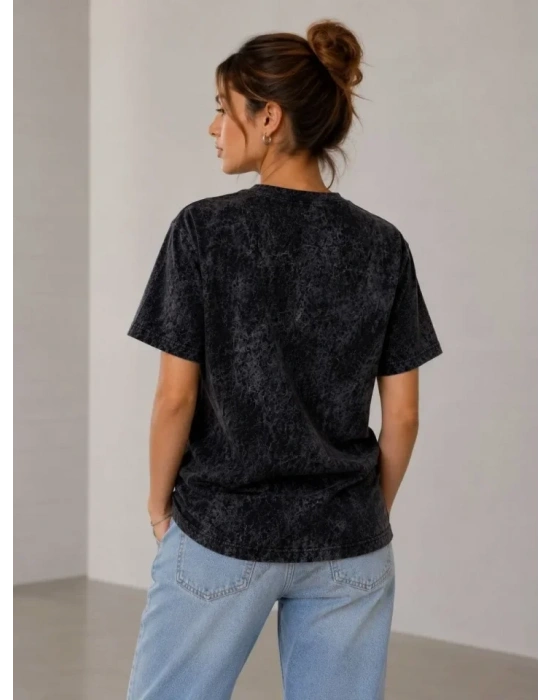 Yıkamalı Washed Effect Tişört Bisiklet Yaka okak til Kısa Kol Thirt  iyah
