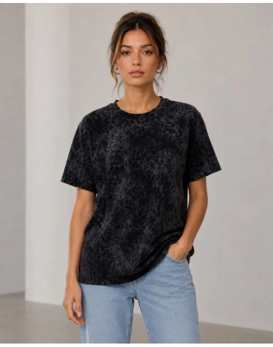 Yıkamalı Washed Effect Tişört Bisiklet Yaka okak til Kısa Kol Thirt  iyah