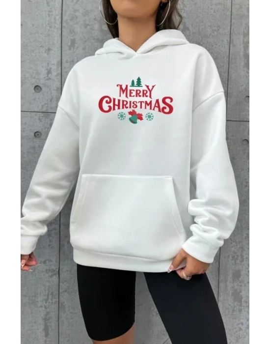 Yılbaşı erry Christmas Baskılı Oversize Kapüşonlu weatshirt Hoodie  Beyaz