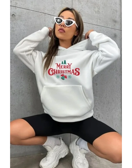 Yılbaşı erry Christmas Baskılı Oversize Kapüşonlu weatshirt Hoodie  Beyaz
