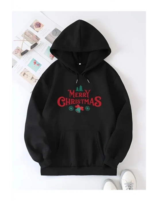 Yılbaşı erry Christmas Baskılı Oversize Kapüşonlu weatshirt Hoodie  iyah