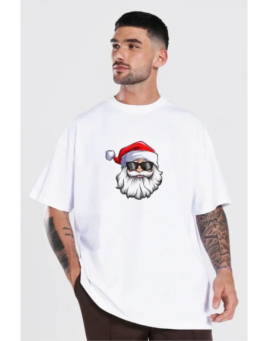 Yılbaşı Gözlüklü Noel Baba Baskılı Kısa Kollu Oversize Bisiklet Yaka Tshirt  Beyaz