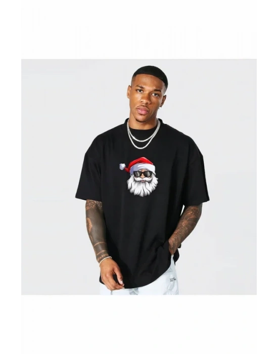Yılbaşı Gözlüklü Noel Baba Baskılı Kısa Kollu Oversize Bisiklet Yaka Tshirt  iyah