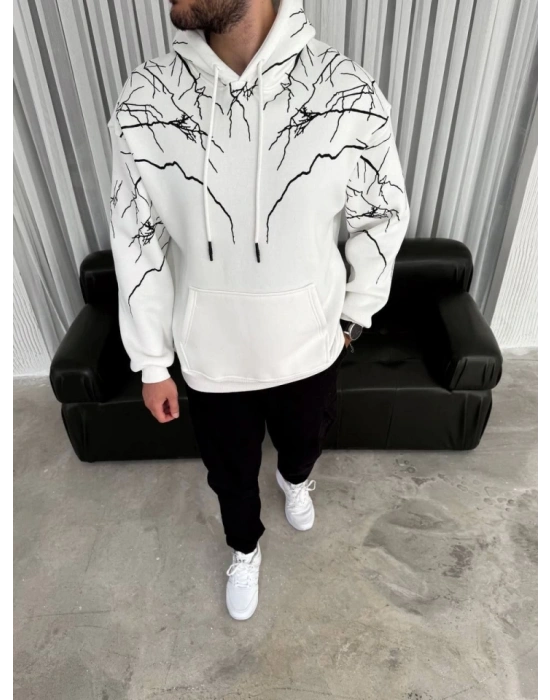 Yıldırım Baskılı Kapşonlu weathirt  Beyaz