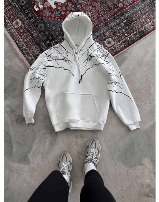 Yıldırım Baskılı Kapşonlu weathirt  Beyaz