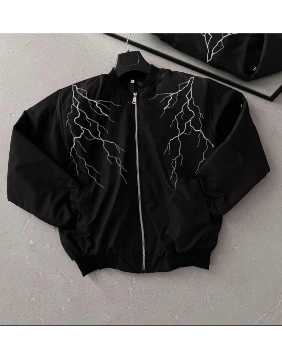 Yıldırım Baskılı Uzun Kol Bomber Ceket  iyah