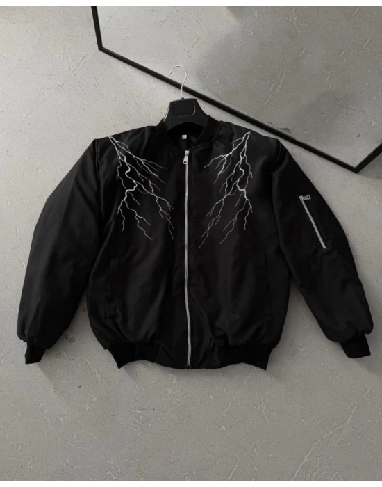 Yıldırım Baskılı Uzun Kol Bomber Ceket  iyah