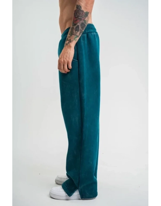 Yırtmaç Detaylı Boru Paça Baggy Eşofman Pantalon  Koyu Deniz Yeşili