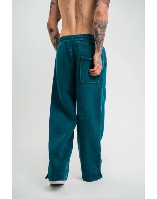 Yırtmaç Detaylı Boru Paça Baggy Eşofman Pantalon  Koyu Deniz Yeşili
