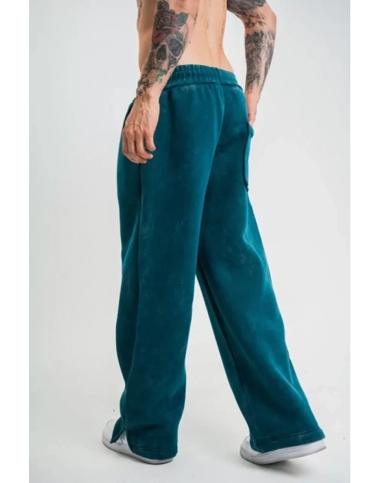Yırtmaç Detaylı Boru Paça Baggy Eşofman Pantalon  Koyu Deniz Yeşili