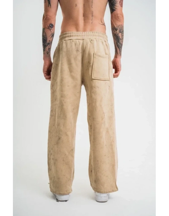 Yırtmaç Detaylı Boru Paça Baggy Eşofman Pantolon  Bej