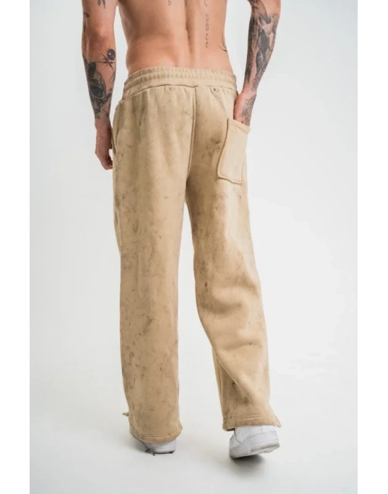 Yırtmaç Detaylı Boru Paça Baggy Eşofman Pantolon  Bej