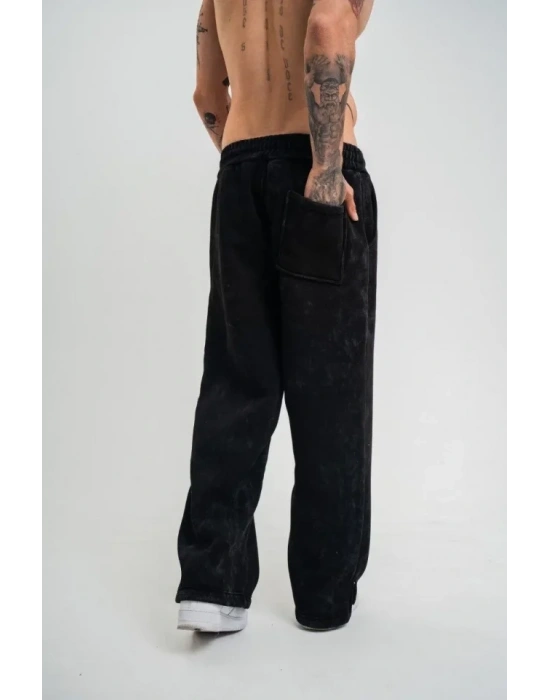 Yırtmaç Detaylı Boru Paça Baggy Eşofman Pantolon  iyah