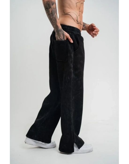 Yırtmaç Detaylı Boru Paça Baggy Eşofman Pantolon  iyah