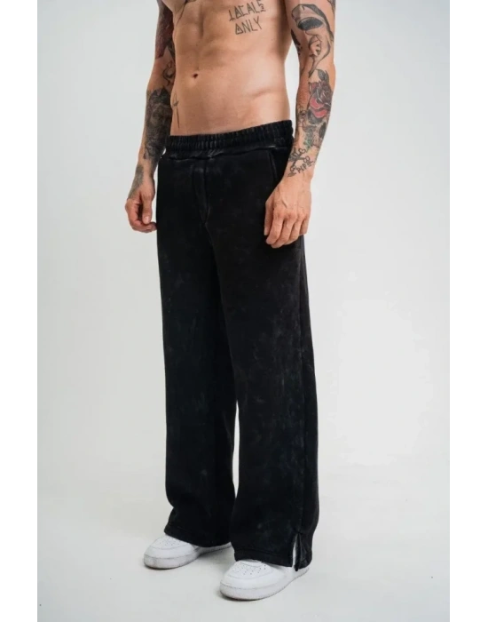 Yırtmaç Detaylı Boru Paça Baggy Eşofman Pantolon  iyah