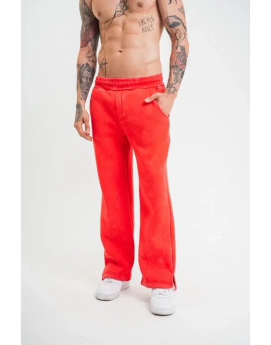 Yırtmaç Detaylı Boru Paça Baggy Eşofman Pantolon  Kırmızı