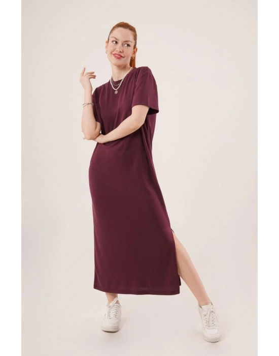 Yırtmaç Detaylı Kısa Kollu alaş axi Bordo Elbise