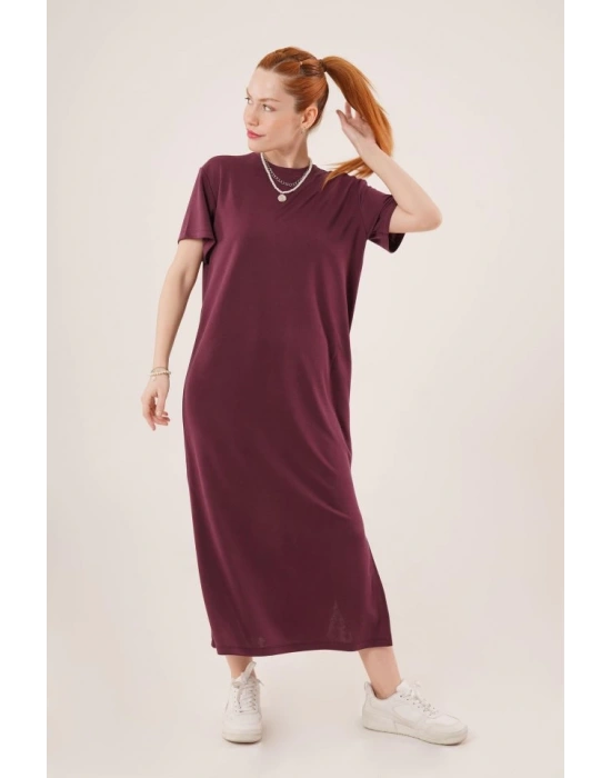 Yırtmaç Detaylı Kısa Kollu alaş axi Bordo Elbise