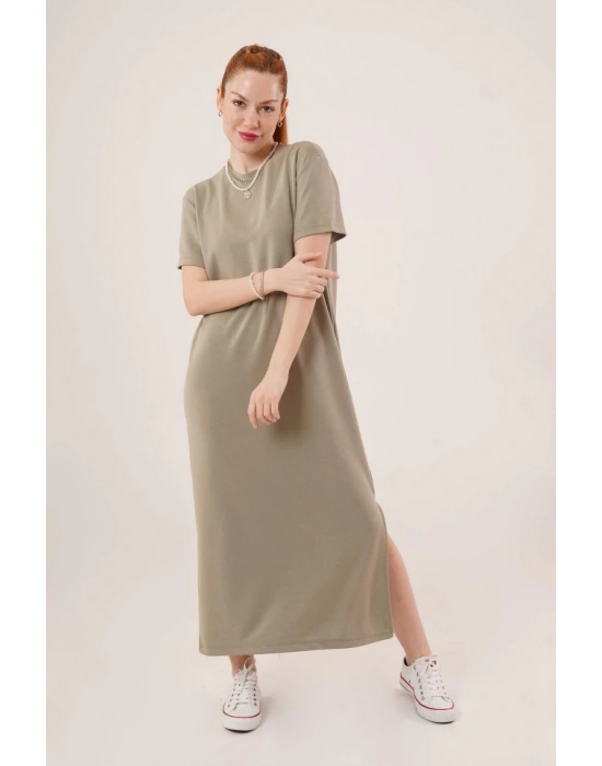 Yırtmaç Detaylı Kısa Kollu alaş axi Yağ Yeşili Elbise