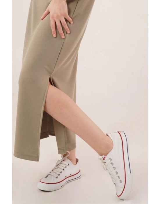 Yırtmaç Detaylı Kısa Kollu alaş axi Yağ Yeşili Elbise