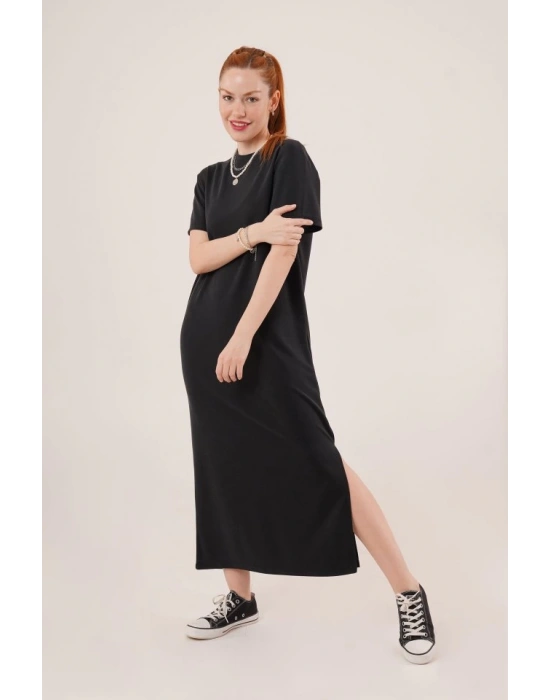 Yırtmaç Detaylı Kısa Kollu alaş Maxi iyah Elbise