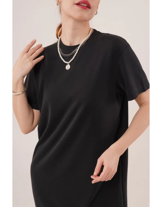 Yırtmaç Detaylı Kısa Kollu alaş Maxi iyah Elbise